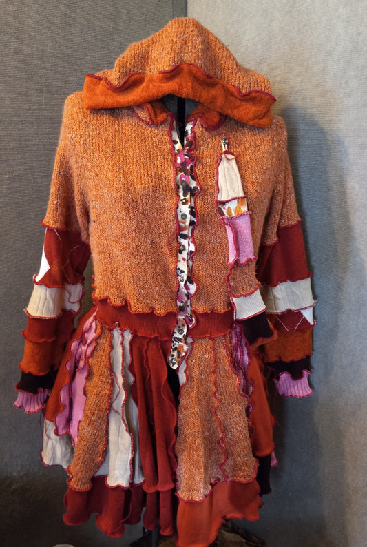 Orange Speckled Patchwork Sweater Coat